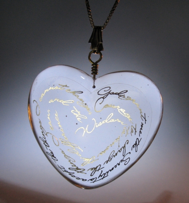 Clear Serenity Pendant with silver foil writing 
